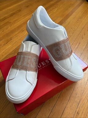*New* GUESS White Slip-On Sneakers with Rose Gold Crystal Logo Band